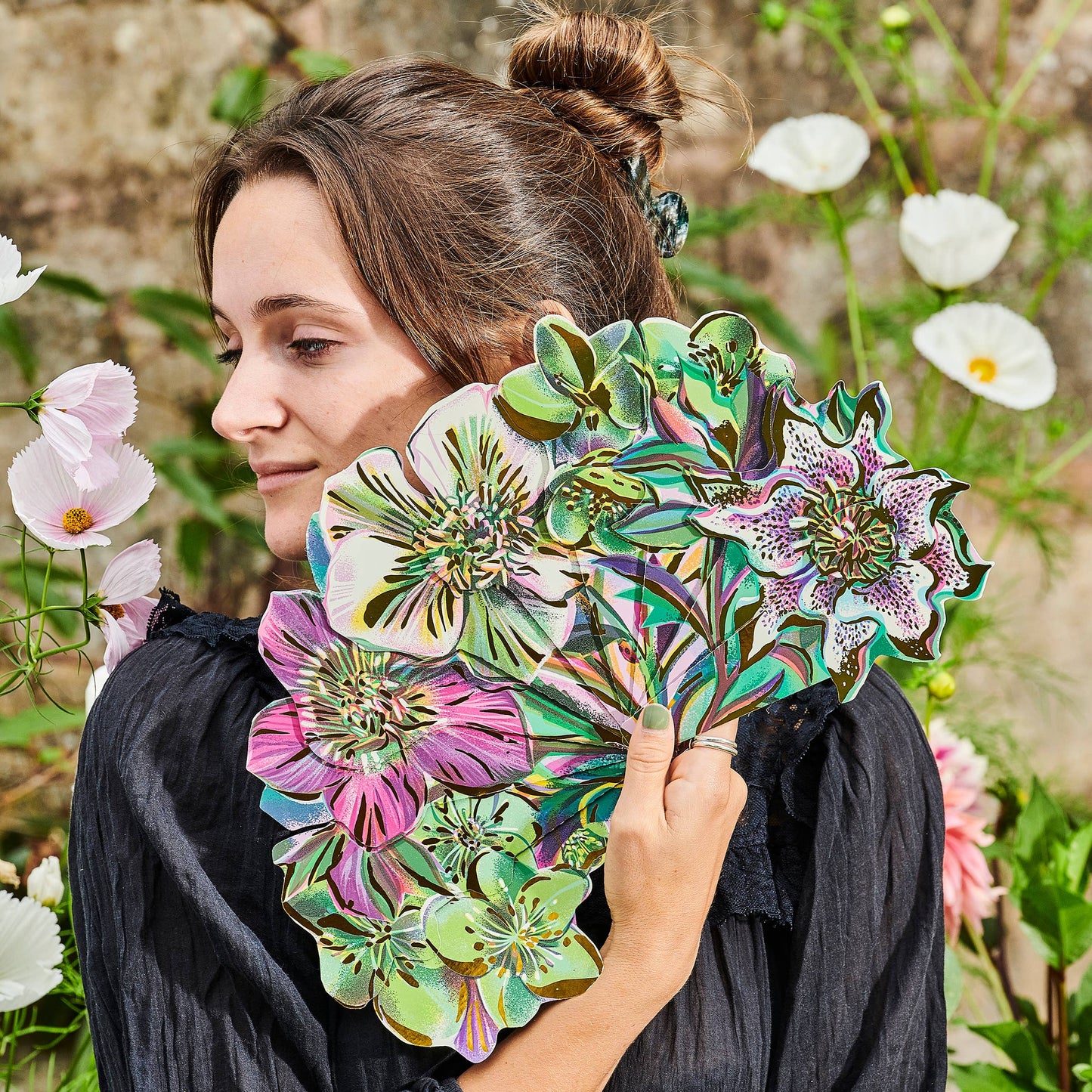 Green Flowers Foil-Stamped Paper Fan