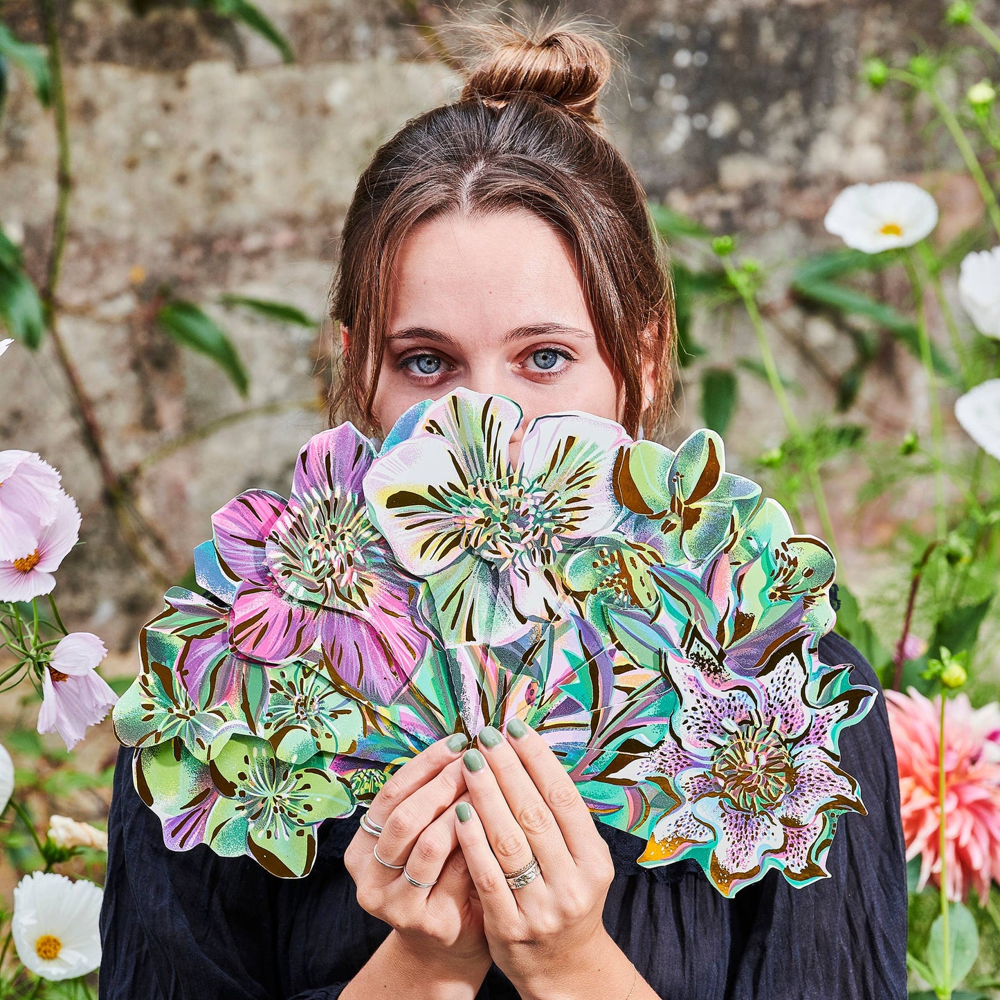 Green Flowers Foil-Stamped Paper Fan