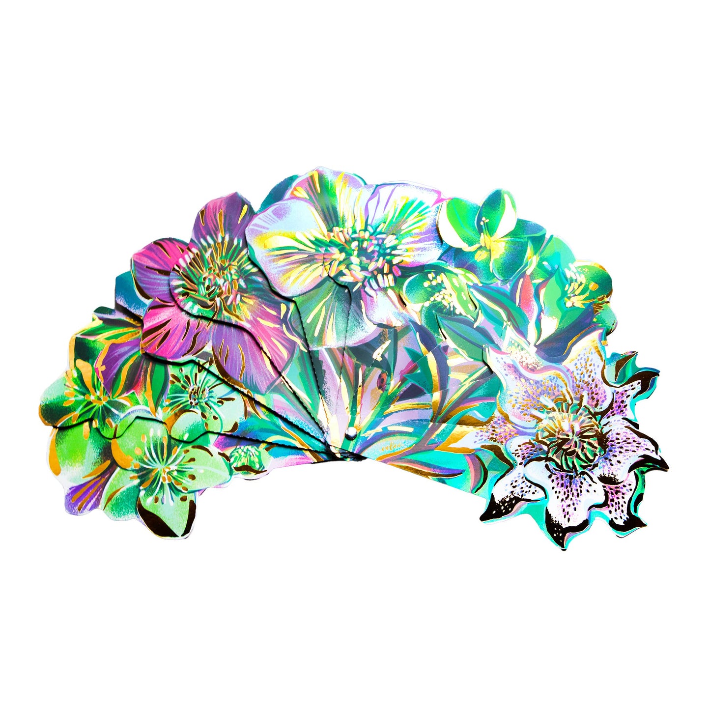 Green Flowers Foil-Stamped Paper Fan